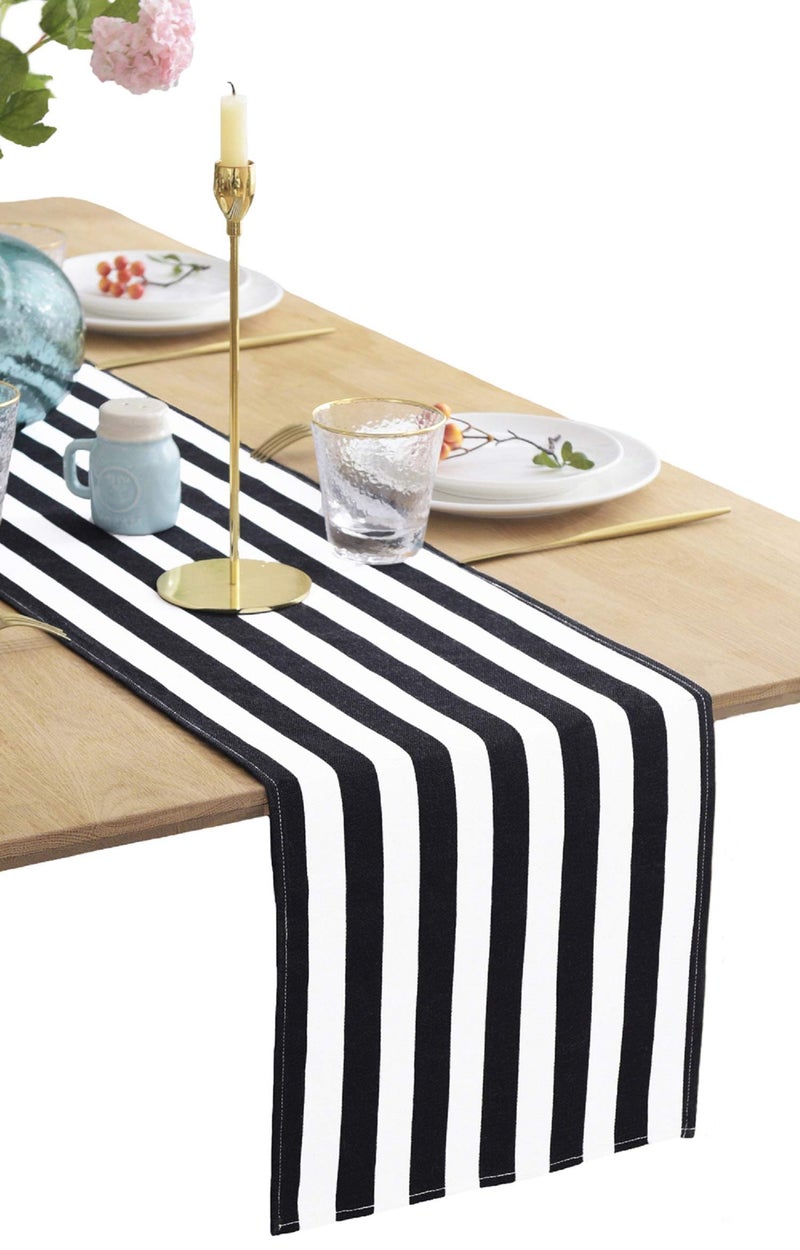 BOXAN Classic Black and White Striped Table Runner, Modern Stripes Pattern Elegant Cotton Canvas Table Top Decor for Art Deco Wedding, Bridal Shower, Bachelorette Party Decorations, 12" x 108" - Image 1